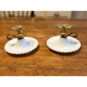 Pair of Vintage Brass & Hobnail Milkglass Chamberstick Candlestick Holders